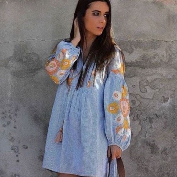 Zara Blue gingham Embroidered Mini Dress Floral Plaid Check mini dress size S - Picture 1 of 6